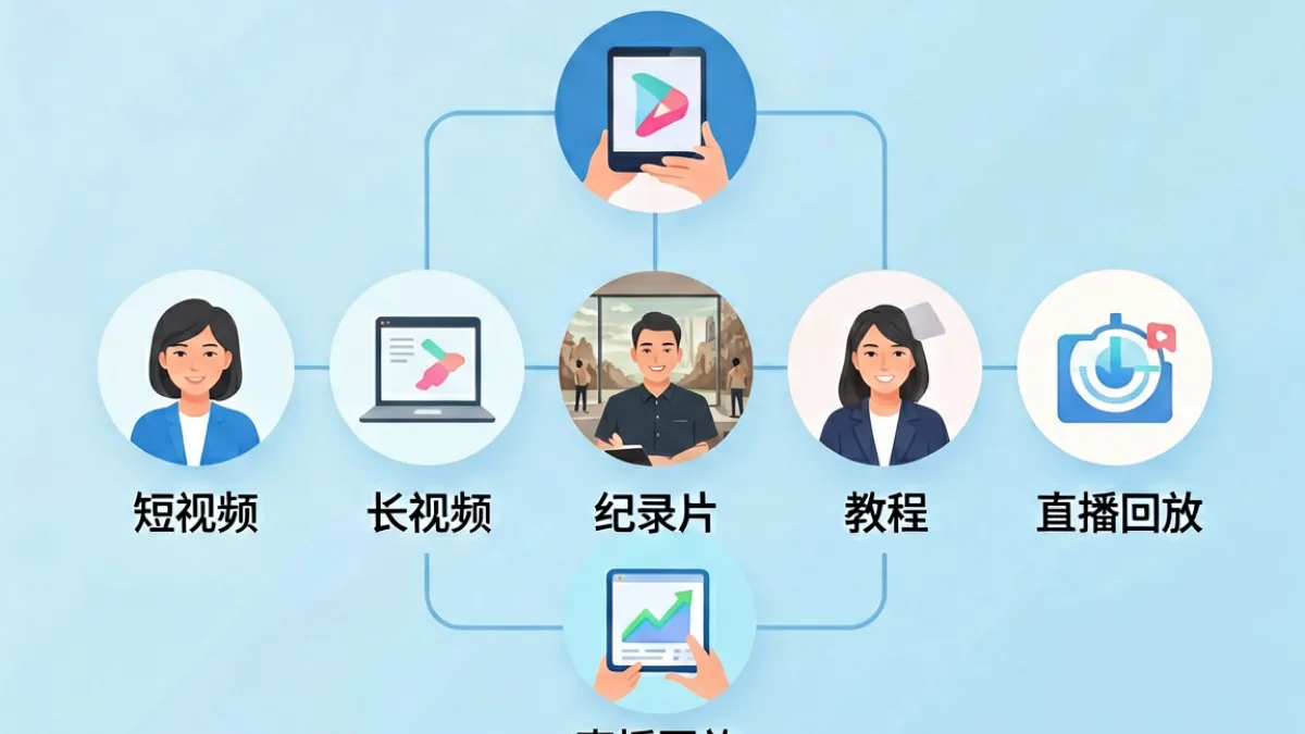 蓝莓视频内容分类示意图，展示短视频、纪录片、教程等五大类目的结构划分方式