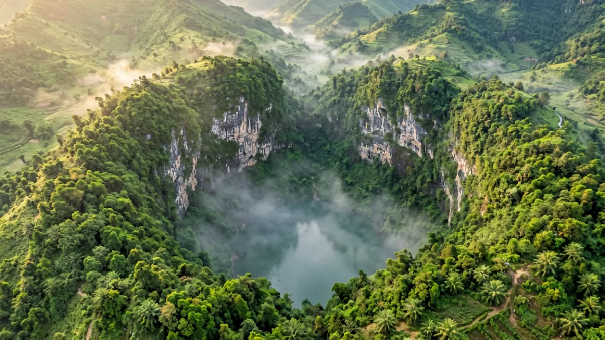 蓝莓视频旅行类热门视频场景，拍摄者在云雾缭绕的山顶俯拍山谷晨景