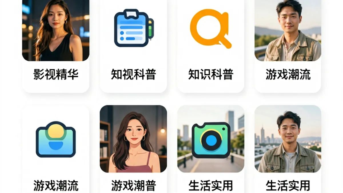 蓝莓视频内容分类页面展示，包含影视、知识、游戏、生活等多个垂类入口