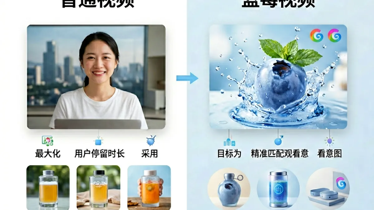 蓝莓视频与主流视频平台的产品逻辑对比示意图，展示内容筛选机制与用户时长目标的差异