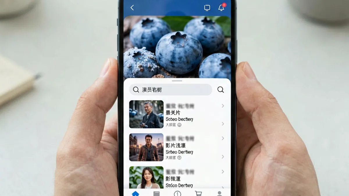 用户在蓝莓视频搜索页输入关键词查找影片，搜索结果展示多种类型内容